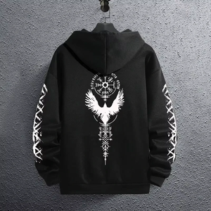 Nouveau modèle 2025 – Sweat à capuche polaire noir pour homme, collection automne-hiver, style décontracté et sportif, avec broderie motif corbeau Viking, options personnalisables - Product Image 4