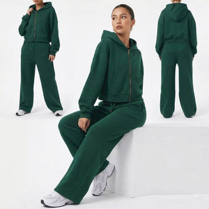 Women Solid Color <b>Cropped</b> <b>Zip</b>-<b>Up</b> Hoodie & Wide-Leg Sweatpants Tracksuit Set Casual Loose Fit Autumn Wear Full Length 100% Cotton - Product Image 5