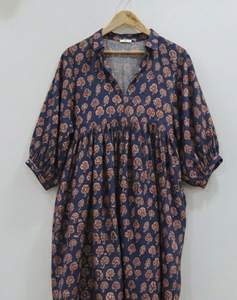 Vestido Midi Formal Tradicional Indio para Mujer, 100% Algodón Transpirable, Tejido a Mano, Estampado Floral, Cuello en V, Manga Abullonada, Corte en A, Natural - Product Image 4