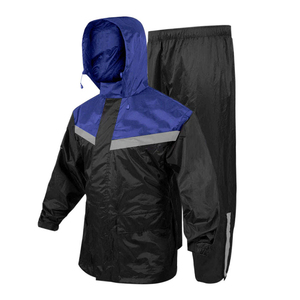Men Waterproof <b>Rain</b> Suit Hooded Parka <b>Jacket</b> and Pants with Reflective Strips <b>Black</b> Blue Color Blocked Outdoor Wear - Product Image 1