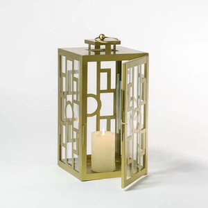Wholesale Gold Brass Color Geometric <b>Candle</b> Holder <b>Lantern</b> With Toughen Glass Panels For Home Decoration - Product Image 1