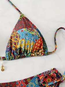 Women's Printed Paisley Bikini Set Halter Neck Tie Side Bottoms With Pearls Decoration Stretch Swimwear - Product Image 4
