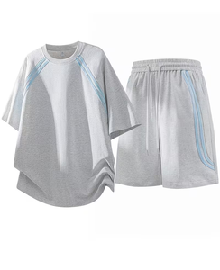 Men Gray Blue Solid Crew Neck T-Shirt Set Polyester/Cotton Knitted 180g Breathable Casual Summer Shorts Outfit - Product Image 5