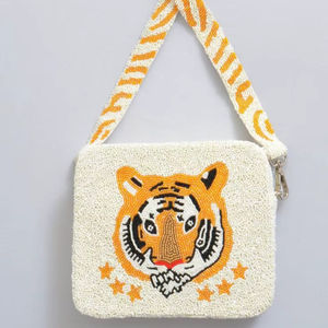 Sac bandoulière brodé Tigre Blanc avec perles et sangle à rayures de tigre, petit sac à bandoulière carré pour femme, motif animalier - Product Image 1