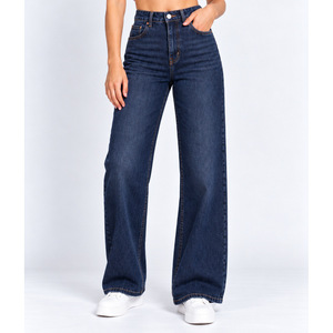 Jean en denim taille haute à jambe large pour femme avec passants de ceinture croisés au dos, indigo foncé - Product Image 1