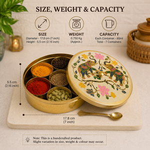 Caja de Masala de Latón Hecha a Mano con Diseño de Elefante Pintado a Mano, 7 Recipientes para Especias, Organizador de Almacenamiento de Cocina con Tapa y Cuchara - Product Image 5