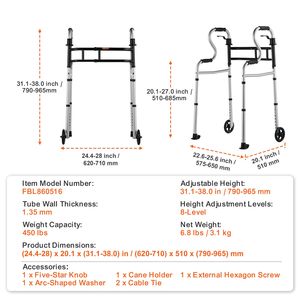 รถช่วยเดินแบบพับได้ 3-in-1 ปรับความสูงและความกว้างได้ ผลิตจากอะลูมิเนียมน้ำหนักเบา พร้อมล้อช่วยยืนและล้อหน้าสำหรับผู้พิการ - Product Image 6