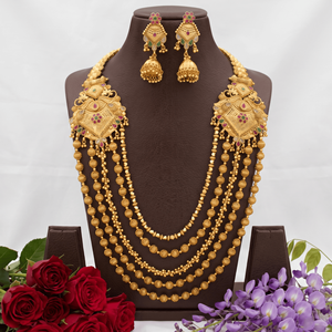 Ensemble de collier long traditionnel plaqué or, bijoux de mariée artificiels mats pour femmes avec boucles d'oreilles Jhumka - Product Image 1