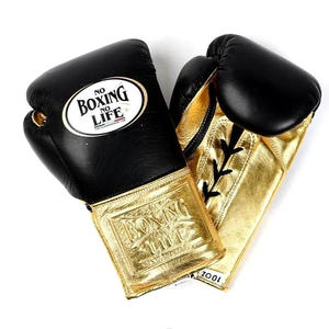 Guantes de Boxeo de Cuero No Boxing No Life, Negros y Dorados Metálicos, con Cordones, Equipo Profesional para Combate, Guantes de Boxeo Línea Campeonato México - Product Image 1
