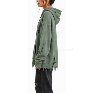 Washed Cotton Distressed Hoodies Women Relaxed Fit With Screen Print And Embroidery <b>Blank</b> Distressed Hoodies - Product Image 4