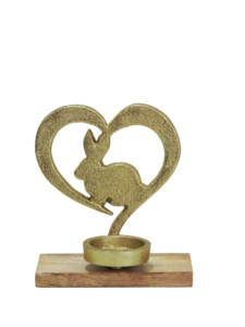 Modern Embroidered Gold Nickel Aluminium <b>Easter</b> Bunny in Heart Candle Holder with Tealight <b>Cup</b> and Wooden Base - Product Image 1