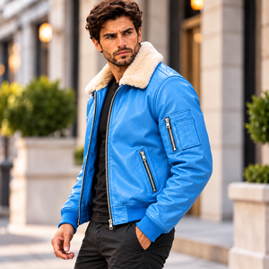 Blouson aviateur en cuir premium pour homme, col doublé en fourrure de mouton véritable, fermeture éclair, manteau d'hiver tendance/vêtement d'extérieur de luxe - Product Image 4