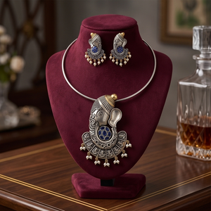DIVYORO Women's Royal Blue Embellished Ganesha Pendant Oxidized <b>Long</b> Adjustable Length <b>Necklace</b> and Earrings Set - Product Image 2