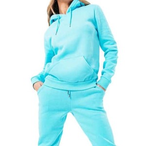 Women Turquoise Hooded <b>Tracksuit</b> Full Sleeve Solid Color Casual Loose Fit Elastic Waist Side Pockets Autumn Wear - Product Image 3