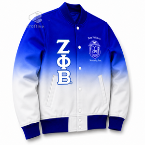 Zeta Phi Beta Women's Ombre Satin Varsity Jacket Embroidered Greek Letter Snap <b>Button</b> Rib Knit Collar Cuff Letterman Jacket - Product Image 2