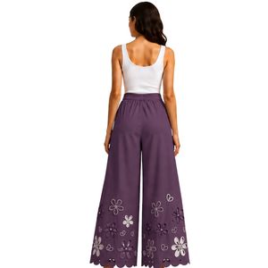 Pantalones Palazzo de Algodón Bordados de Pierna Ancha Morados Personalizados para Mujer con Estampado Floral Blanco y Cintura Alta - Ropa de Moda Personalizada - Product Image 2