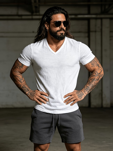 Men's Fashionable Sporty Solid Blank Pure Cotton V-Neck Short Sleeve Breathable Soft Spring/Summer Outerwear Trendy Versatile - Product Image 5
