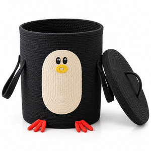 Cesta de Almacenamiento Personalizable 100% Yute Ecológica con Forma de Pingüino, con Tapa y Asas Laterales para Organización de Juguetes en la Guardería - Product Image 1