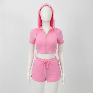 Womens Solid Pink Short Sleeve <b>Zip</b>-<b>Up</b> Cropped Hoodie and Matching Drawstring Shorts Twin Set OEM ODM Wholesale Apparel - Product Image 2