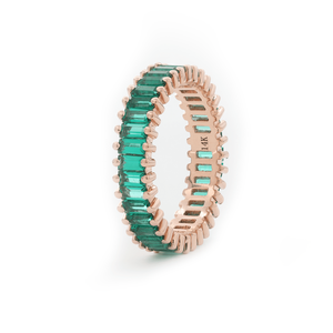 Bague éternité de luxe en émeraude de Zambie de laboratoire taille baguette, or rose 14K, bande de 3,15 mm, bague de mariage entièrement sertie de pierres de laboratoire - Product Image 5