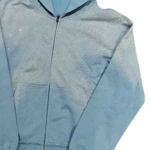 Sudadera con capucha unisex azul claro con cremallera y pedrería de cristal, OEM, de lujo, brillante, estilo urbano, con efecto descolorido por el sol, 100% algodón - Product Image 5