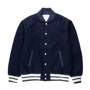 Men's Navy Varsity <b>Jacket</b> Stand Collar Button Front Preppy Style Autumn Wear Regular Fit Cotton <b>Lining</b> - Product Image 1