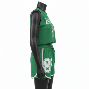 Conjunto de Camiseta sin Mangas y Pantalones Cortos para Mujer, 100% Algodón, 220 GSM, Mezcla de Algodón Premium, Panel de Malla Verde, Impresión DTG, Logotipo Personalizado - Product Image 3