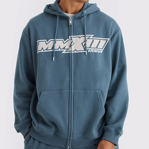 Sweat-shirt à capuche bleu pour homme, coupe oversize, en polaire, décontracté, pour l'hiver, brodé, uni, teint, 100% coton, coupe classique - Product Image 3