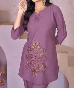 Women's Purple Embroidered Cotton Kurta <b>Set</b> Three Quarter Sleeve Loose Fit Floral Handwork Casual Wear Spring Summer - Product Image 1