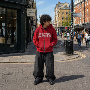 Sweat-shirt à capuche zippé rouge pour homme <span class=keywords><strong>EKIN</strong></span>, style streetwear oversize en coton French Terry avec logo imprimé en relief et écusson étoile - Product Image 3