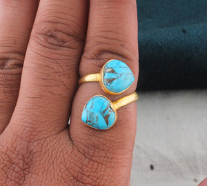 Wholesale <b>Silver</b> Plated Turquoise Classic Two Stone <b>Adjustable</b> Bezel Set Gemstone <b>Ring</b> for Party Occasions - Product Image 4