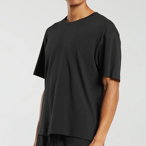 T-shirt à manches courtes pour homme, col rond, noir, coupe ample, couleur unie, style jersey décontracté, 100% coton respirant - Product Image 4
