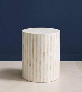 Modern Bone Inlay <b>Bedside</b> <b>Round</b> Nightstand Beige Handmade Wood Top Accent <b>Table</b> for Bedroom Decor - Product Image 1