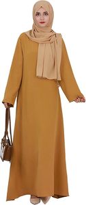 Abaya femme couleur moutarde unie, manches longues, col rond, robe longue modeste en coton, coupe ample, pour usage quotidien, style Moyen-Orient - Product Image 2