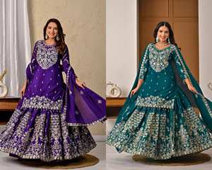 Ensemble de robe lehenga brodée vert turquoise pour femmes |   Robe Anarkali avec broderie en fil épais et travail Zari |   Tenue de fête festive - Product Image 2