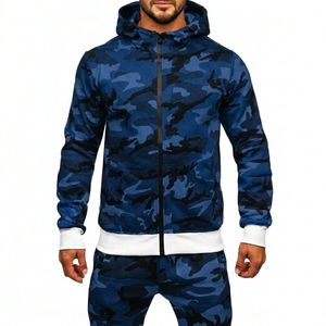 Conjunto Deportivo Personalizado para Hombre, Camuflaje en Tonos Grises, Sudadera con Capucha y Cierre Completo, Pantalones Deportivos, 2 Piezas - Product Image 3