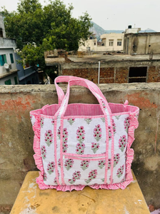 Women's Spring Summer Fashion <b>Large</b> Cotton Quilted Tote <b>Bag</b> with Zipper Closure Block Printed Frills for Tour Travel Solid Color - Product Image 4