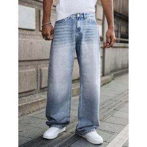 Jean en denim bleu glace vintage coupe droite pour homme, délavé effet whisker, écologique, respirant, taille haute, 100 % coton, tailles 28 à 42 - Product Image 3