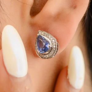 14K Gold Pear Cut <b>Blue</b> Sapphire Halo <b>Diamond</b> Stud <b>Earrings</b> - Product Image 4
