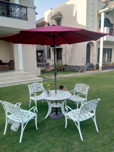 White Metal Garden Chair Set with <b>Round</b> <b>Table</b> and Red Umbrella Outdoor <b>Patio</b> Furniture for Courtyard Traditional Style Durable - Product Image 1