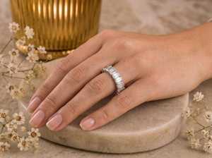Custom Sparly <b>Emerald</b> Cut Moissanite Full Eternity Band <b>Ring</b> 925 <b>Silver</b> Unique Wedding Anniversary Jewelry Fine Gift Her - Product Image 2