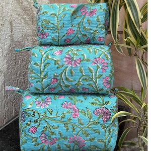 Jaipur Sustainable Travel Pouch Set of 3 Premium Quilted Cotton Makeup Organizer Waterproof Zip Closure Floral Hand Block Print - Product Image 3