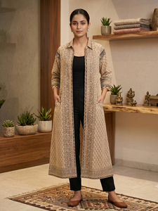 Wholesale Beige Color Floral Print <b>Shrug</b> Long Sleeves Turn Down Collar Open Front Pockets Direct Factory Wholesale <b>Shrug</b> Supply - Product Image 1