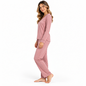 Conjunto de Pijama Rosa Polvoriento para Mujer, Manga Larga, Cuello en V, Pantalones de Pierna Recta, Ropa de Dormir Casual de Dos Piezas, Venta al Por Mayor, OEM, ODM, Ropa B2B - Product Image 2