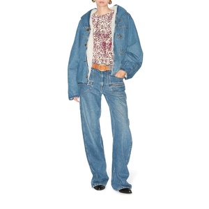 Women's Denim Jacket Light Wash Stonewashed Casual <b>Button</b> Front Loose Fit Autumn Style Leopard Print Cotton Fabric - Product Image 1