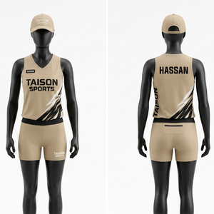 Tenue de course pour femmes, polyester premium anti-humidité, beige et noir, empiècements latéraux dynamiques, logo personnalisé par sublimation. - Product Image 1