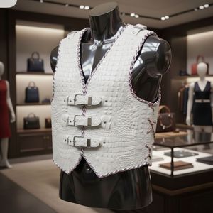 Gilet en cuir véritable gaufré crocodile, gilet en cuir gaufré fait main de qualité supérieure pour hommes, gilet sans manches tendance - Product Image 2