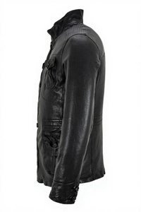 Veste moto en cuir véritable noir pour homme, col montant, fermeture éclair, coupe ajustée, longueur standard, pour l'automne - Product Image 5
