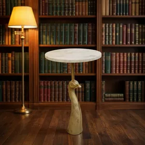Modern Round <b>Marble</b> <b>Top</b> <b>Side</b> <b>Table</b> with Decorative Ostrich Metal Base Luxury Accent Furniture for Living Room Bedroom Decor - Product Image 4