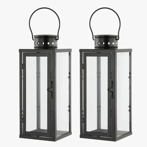 Set of Matte Black Metal Candle <b>Lanterns</b> Modern Farmhouse Glass <b>Hurricane</b> Holders for Home Decor Wedding and Event - Product Image 2